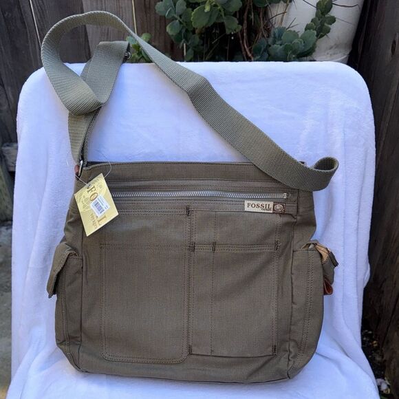 Vintage Fossil Voyages Crossbody Bag Ripstop Khaki Green Canvas Map Liner Y2K - Picture 10 of 13